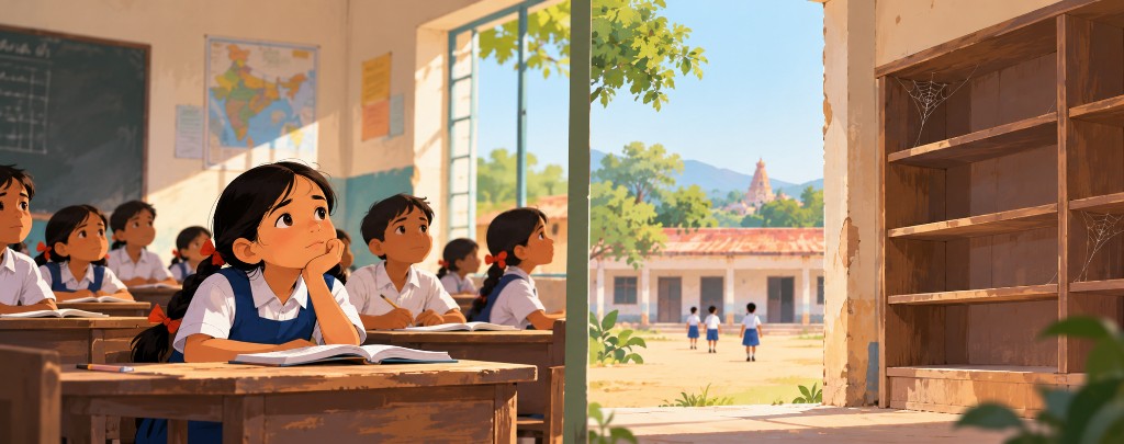 A student in a sunlit classroom looks toward an empty bookshelf by the doorway