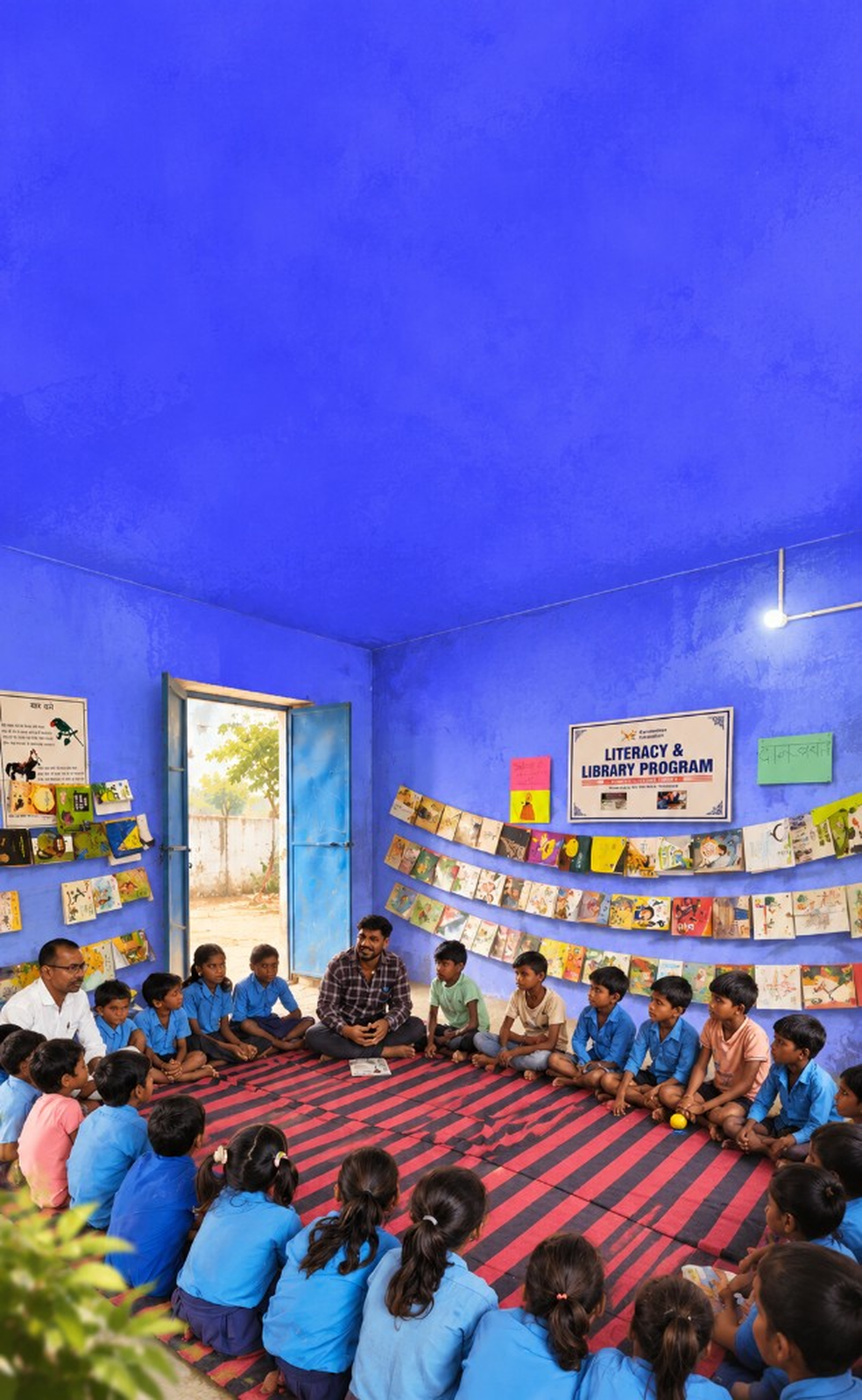 Teacher reading with children in a school library