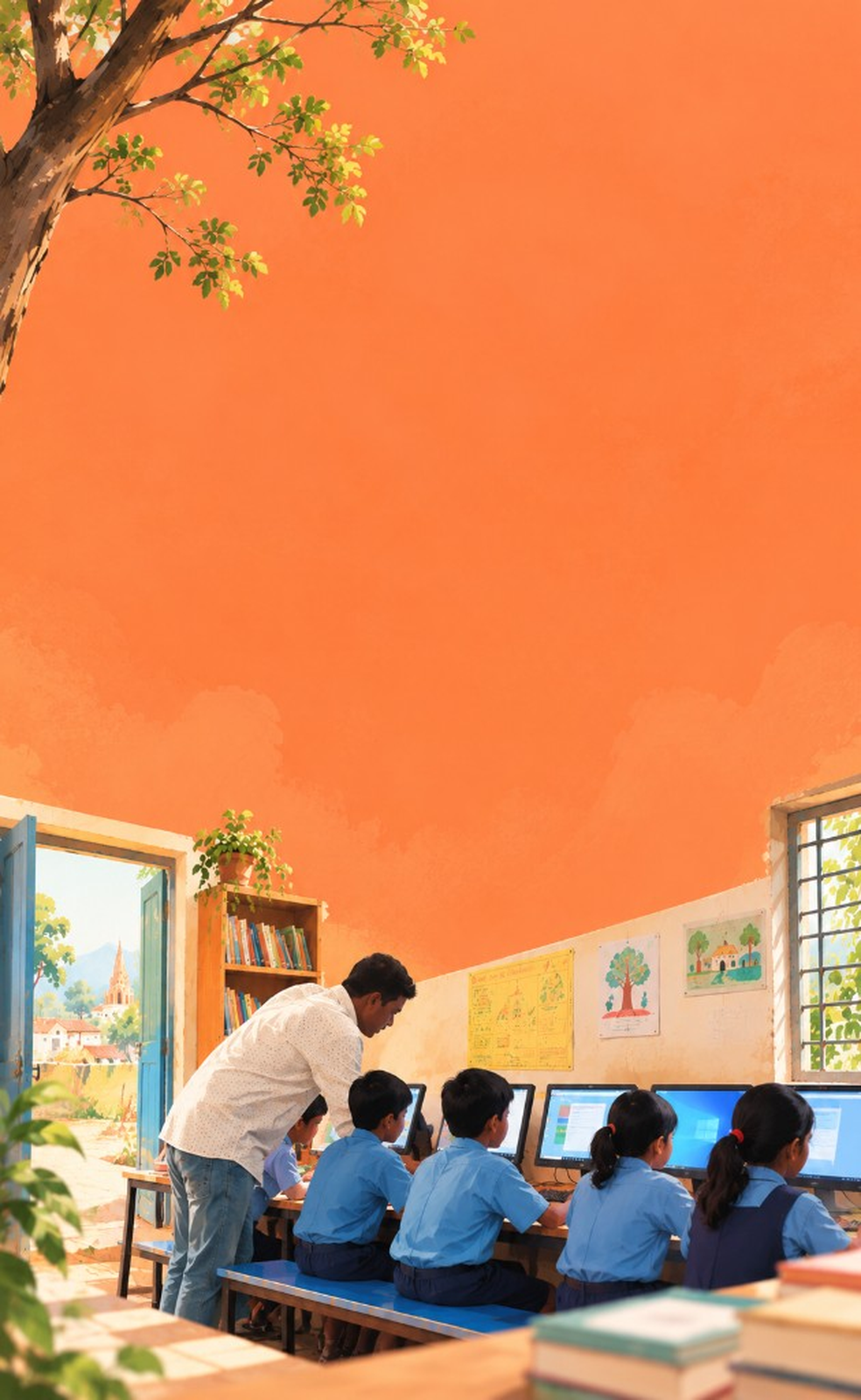 Children learning digital skills on computers with a teacher